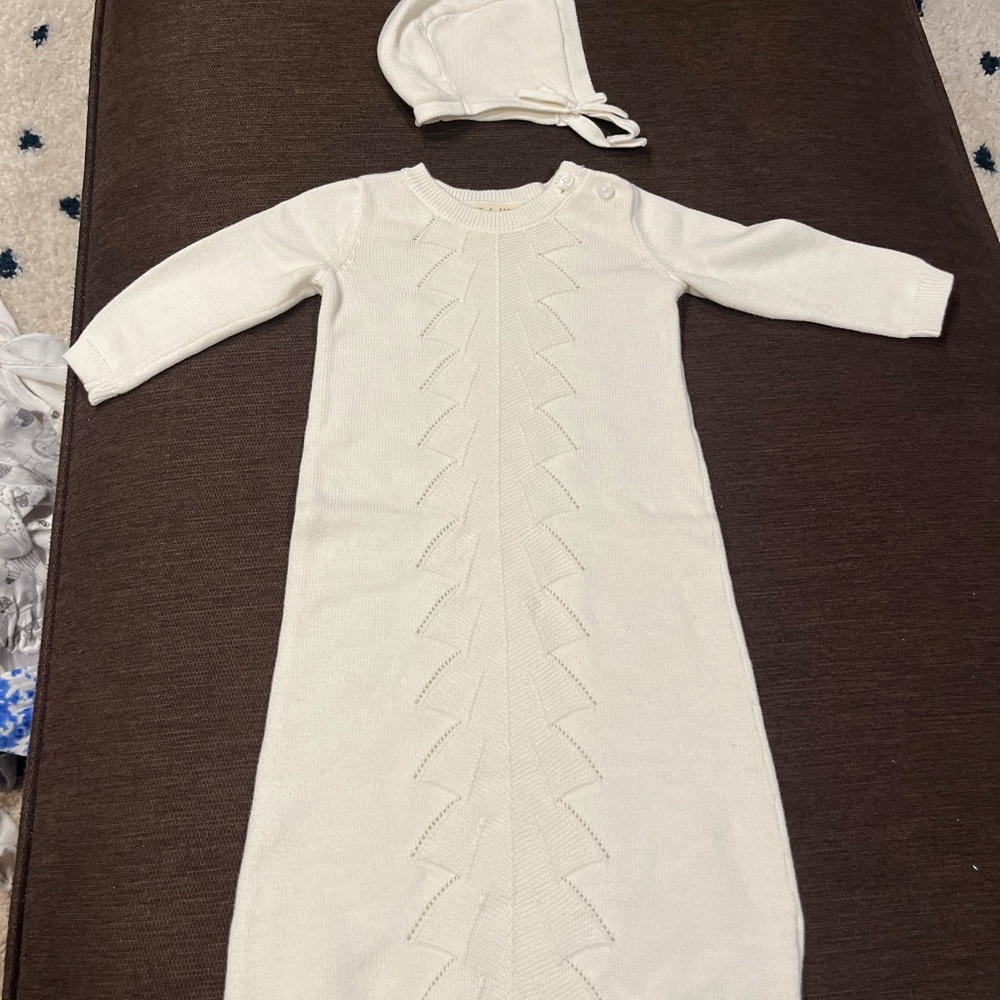 Baby knit gown with bonnet . Boy or girl.